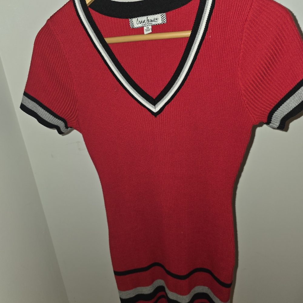 V-neck Red Ribbed Light Sweater Dress-or-worn Over Leggings/jeans.Stretch